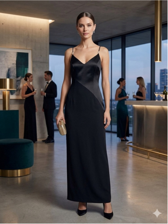 Adrianna Papell Dresses & Skirts - Adrianna Papell Evening Vintage Black Silk-Like Maxi Gown Minimalist Glam 8